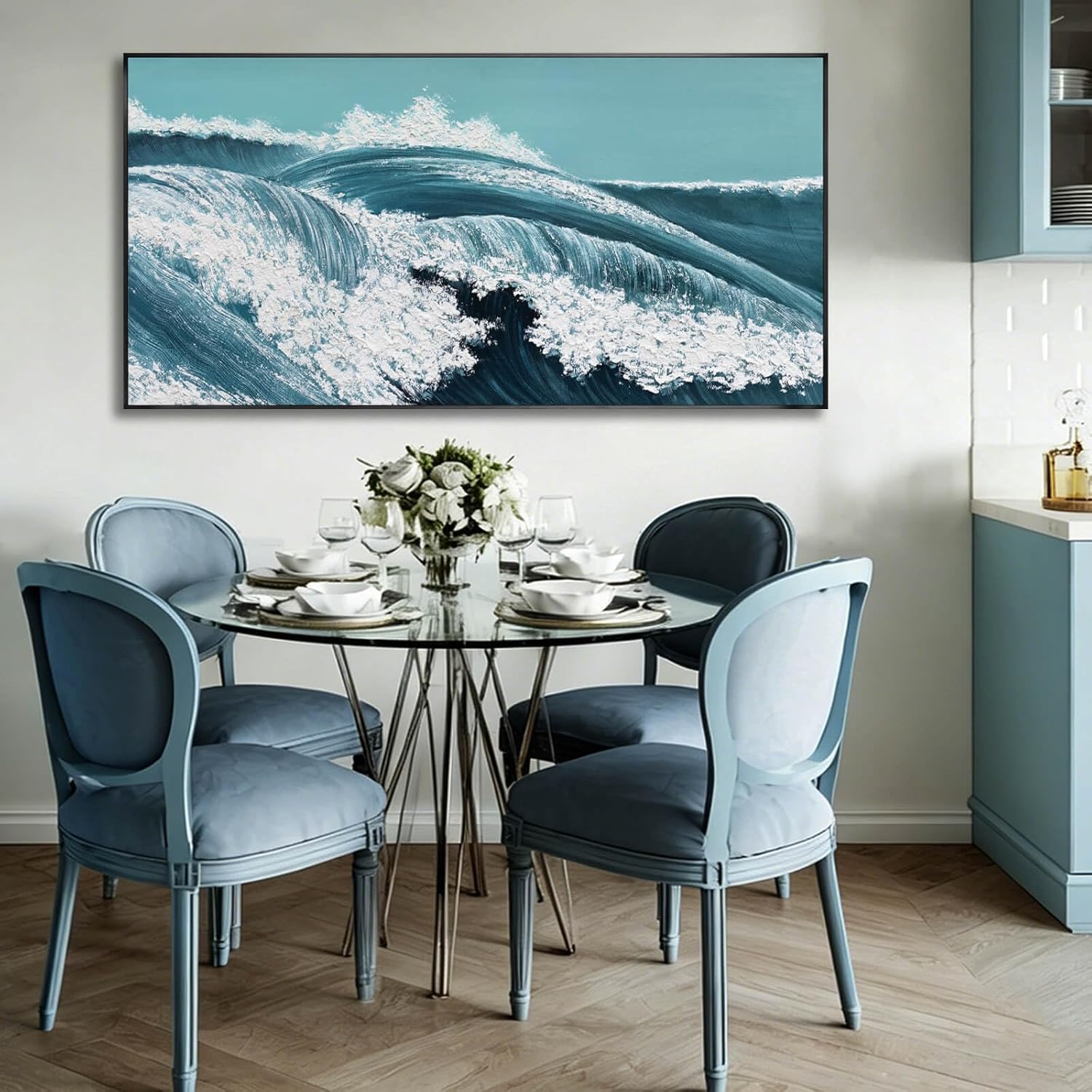 CHUDANHAO Large Wall Art Giant Ocean Wave Landscape Pictures,Vintage Blue Ocean Horizontal Wall Decor,White Abstract Nature Artwork,24"x48"Neutral Seascape Prints for Living Room,Bedroom,Office