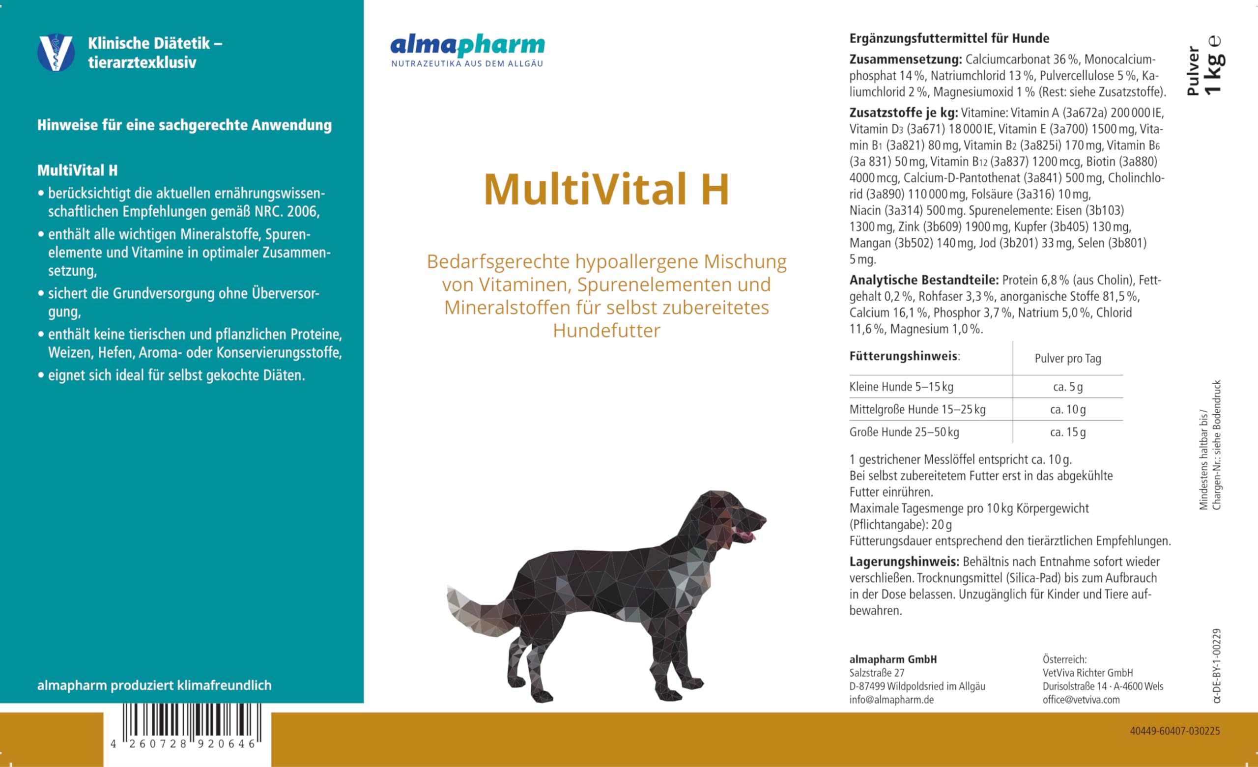 almapharm MultiVital H | 1 kg | Ergänzungsfuttermittel für Hunde | Bedarfsgerechte hypoallergene Mischung von Vitaminen, Spurenelementen und Mineralstoffen