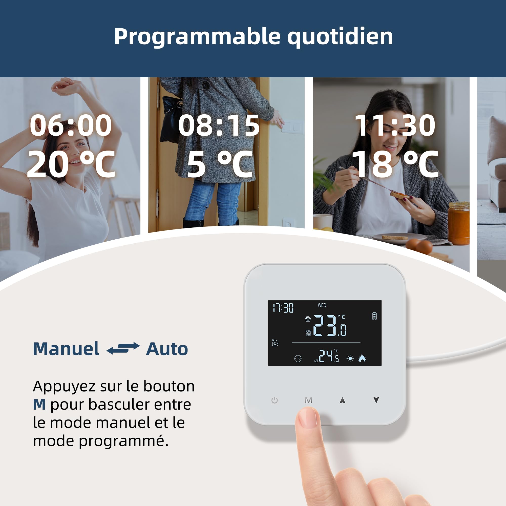 Beok Thermostat à Piles pour chaudière à gaz,Thermostat Mural à 2 Fils,Thermostats à Programmation Quotidienne,Thermostats d'ambiance,Alimentation par Batterie ou USB(Pile Non Incluse)
