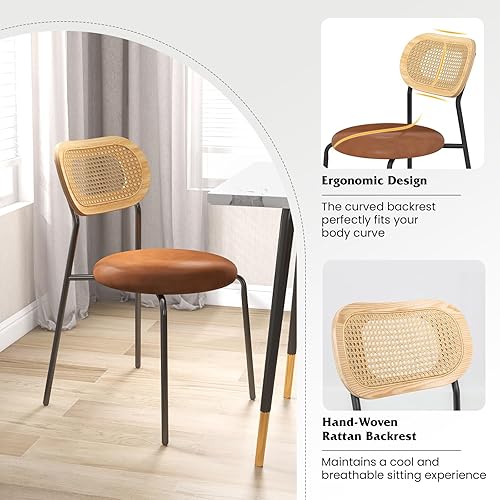 Miniatura 7 de Giantex Juego de 2 sillas de comedor de ratán, sillas de cocina tapizadas con patas de metal, carga máxima de 300 libras, sillas laterales de