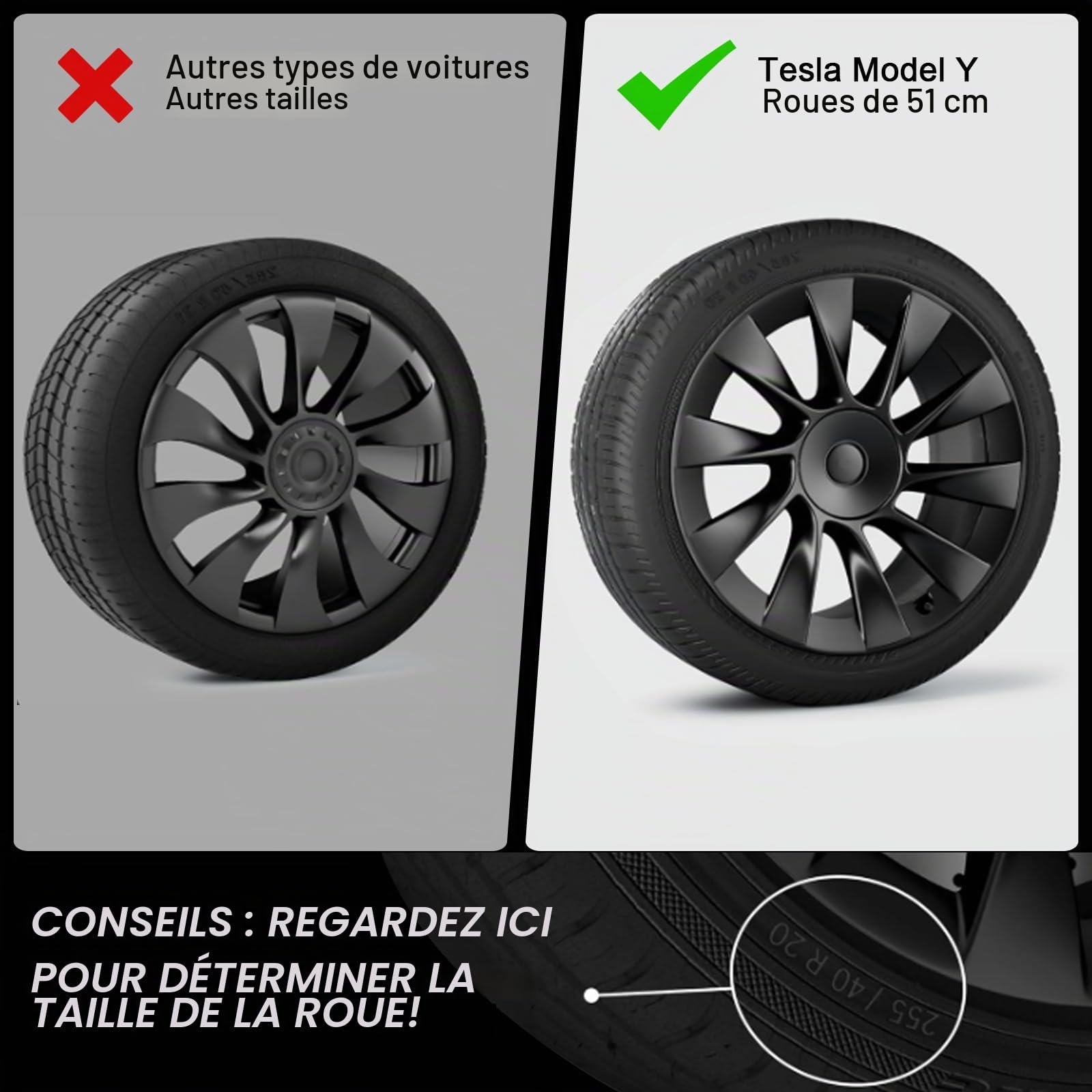 Protecteur de Jante de Roue de 20 Pouces pour Modèle Y, Enjoliveurs de Rechange pour Enjoliveurs de Roue pour Modèle Y 2019‑2024, Couvercle de Protection de Moyeu, Noir Mat Paquet de 4 (Model Y)