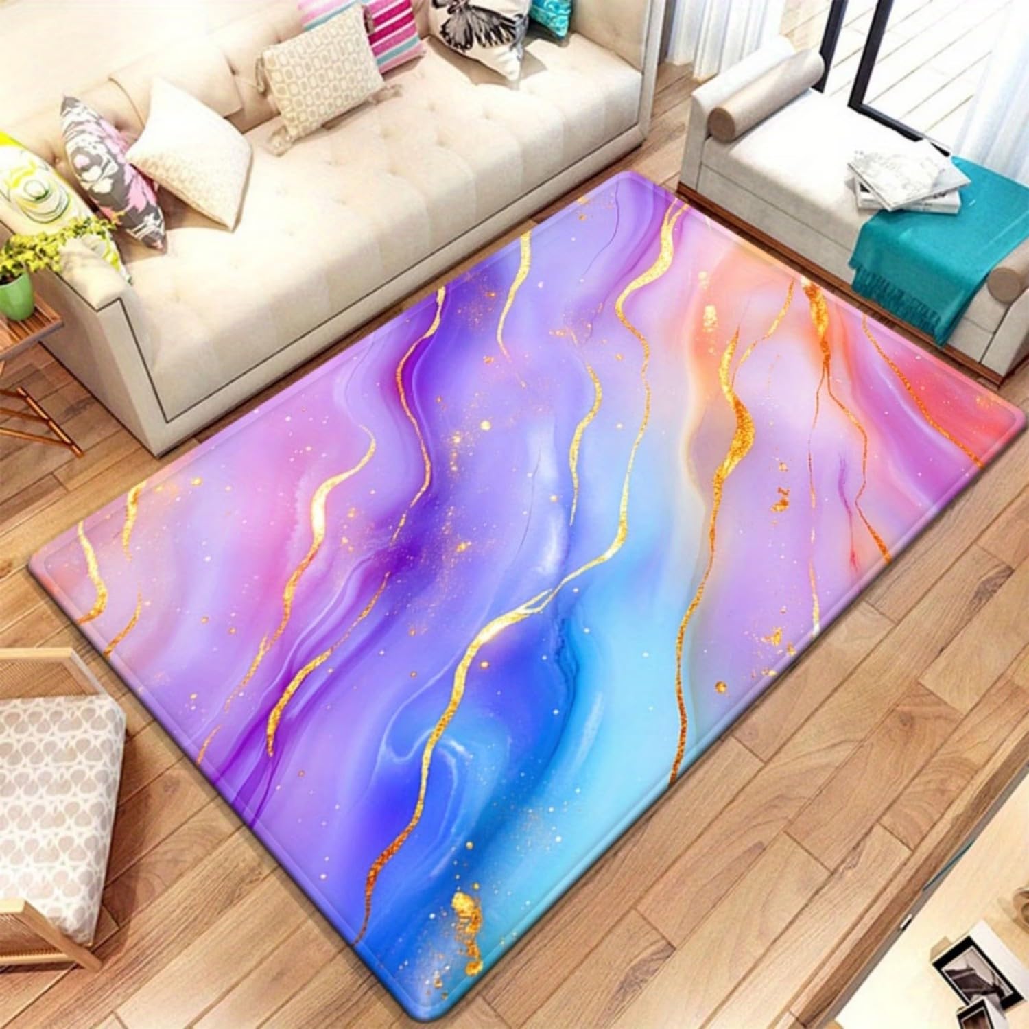 RICAUOU Purple Marble Area Rug for Living Room, 180x260cm Colourful Abstract Liquid Fluid Carpet, Large Non-Slip Washable Pink Gold Foil Veins Rug for Teen Girls Bedroom, Luxury Home Decor