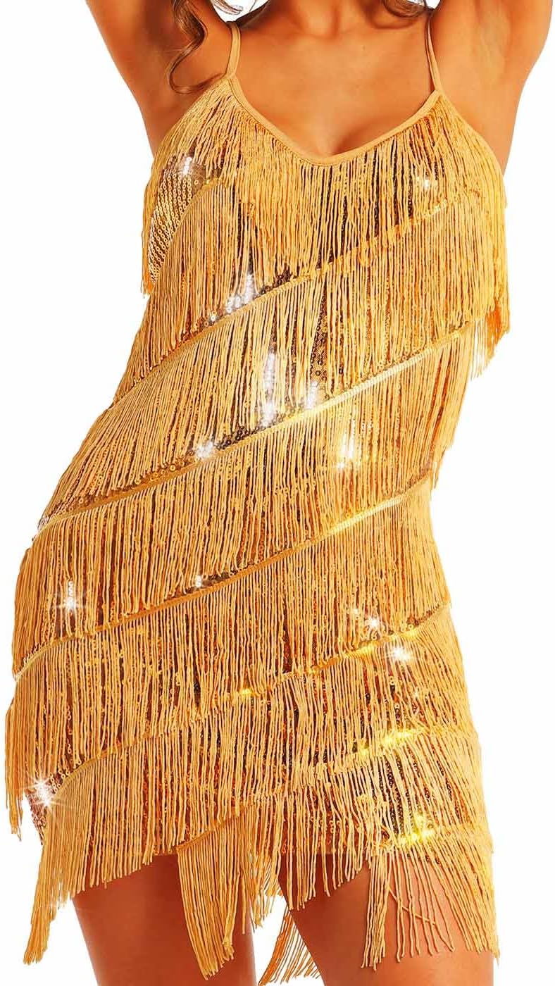 Fringe Dress Glitter Sequin Dresses Latin Dance Cocktail Tassel Costume for Women
