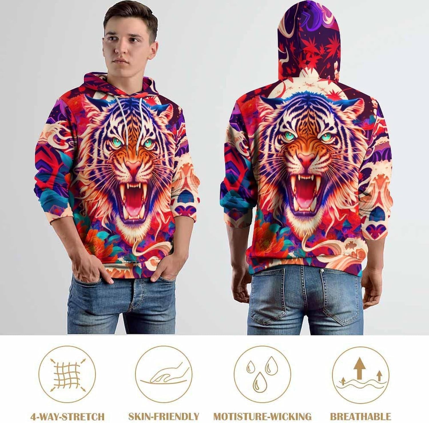 Unisex 3D Printed Hooded Sweatshirt Casual Pullover Hoodie with Big Pockets - Image 4