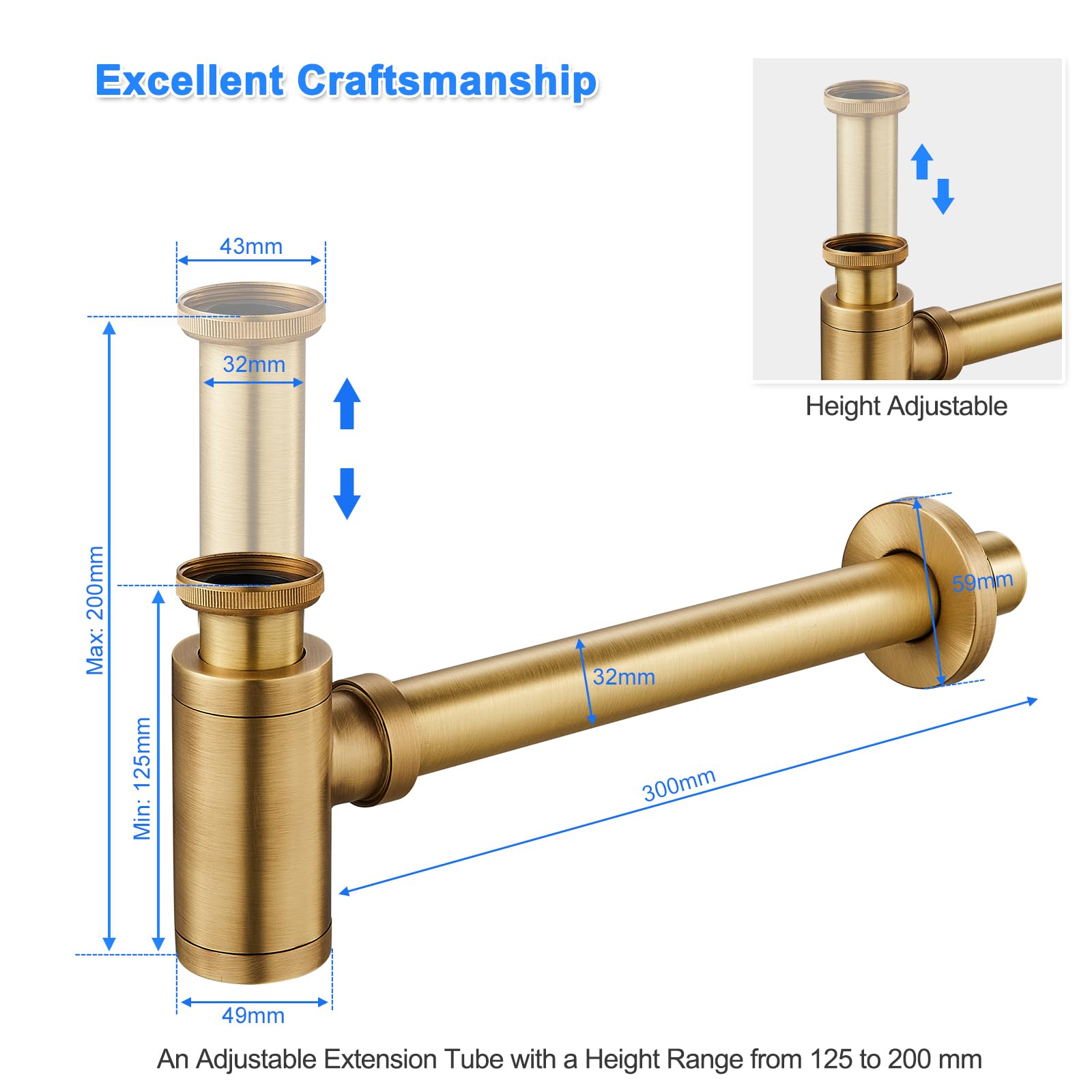 Sifone a bottiglia universale per lavabo e lavabo, apertura nascosta per la pulizia, trappola per odori, sifone regolabile 1 1/4 x 32 mm, tubo di scarico in ottone anticato