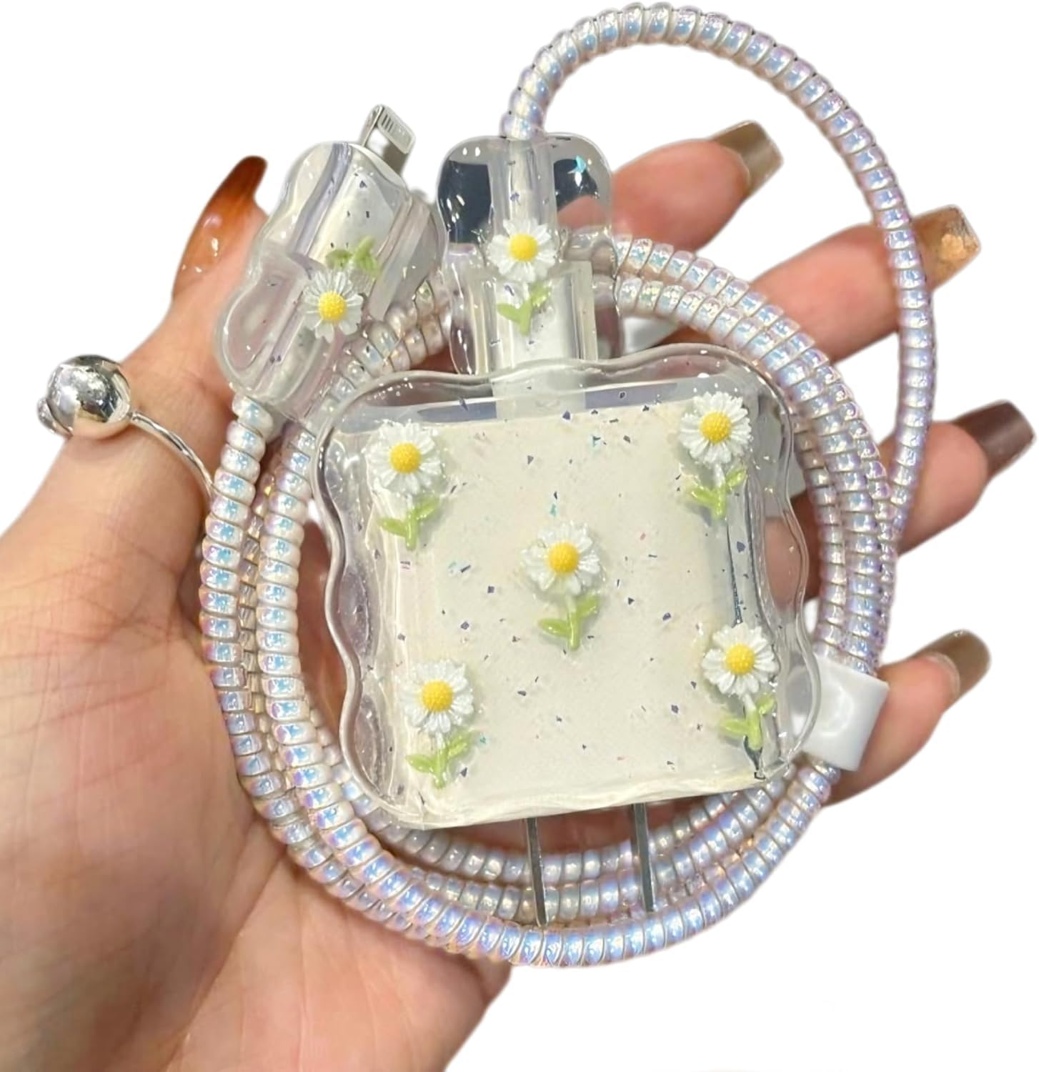 Protective Charger Case for iPhone 18W 20W iPhone 17 16 15 14 13 12 11 Pro Max Charging Cable Charger Protective Cover Data Cable Protective Sleeve-White and Yellow Flower-image-30