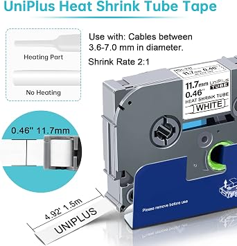 UniPlus 3X Compatible with Brother 11.7mm Heat Shrink Tube Label Tape Replacement for HSe-231 HSe231 Black on White for P-Touch PT-E110 PT-E300 PT-D600 PT-E550W PT-P750W PT-H300 PT-D450 PT-D800W