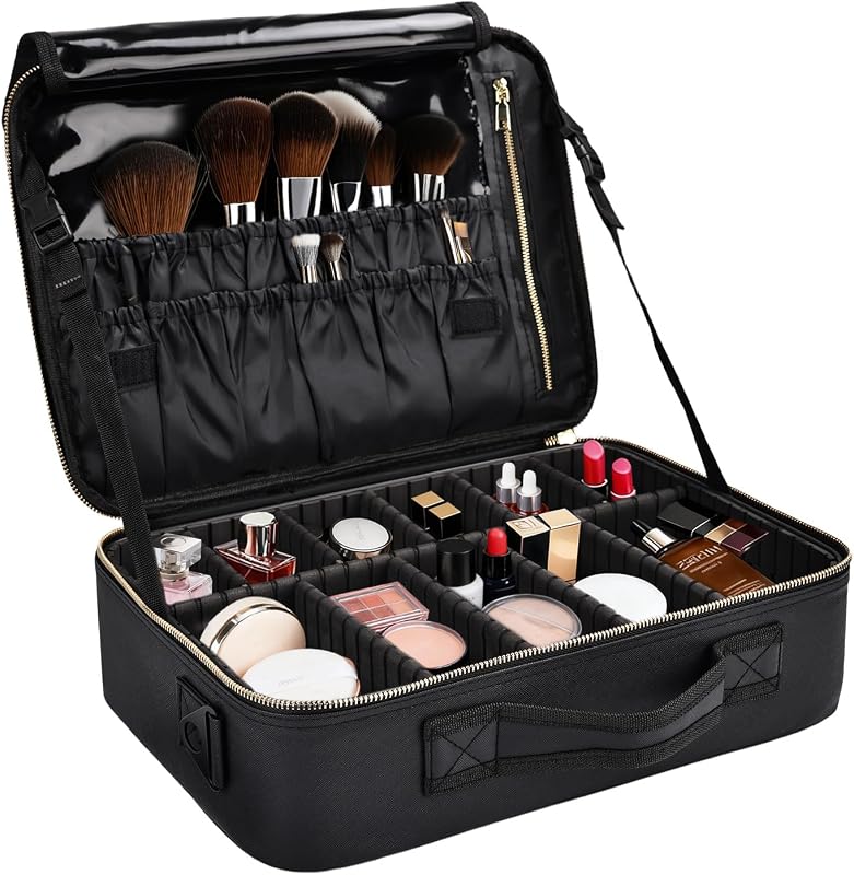 Necessaire de maquiagem Greenfeather com porta-pincéis, divisórias ajustáveis e alça de ombro, couro sintético preto
