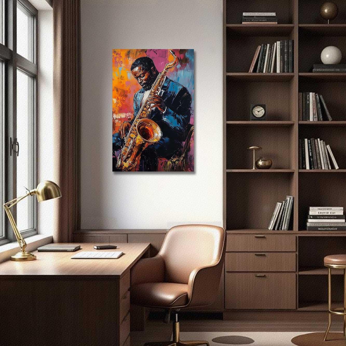 ZSHDEYMTOP Black Jazz Canvas Wall Art Saxophone Painting Abstract Black Music Picture African American Man Poster Jazz Musician Artwork for Men Bedroom Decor Framed (Brown, (18L x 12W))