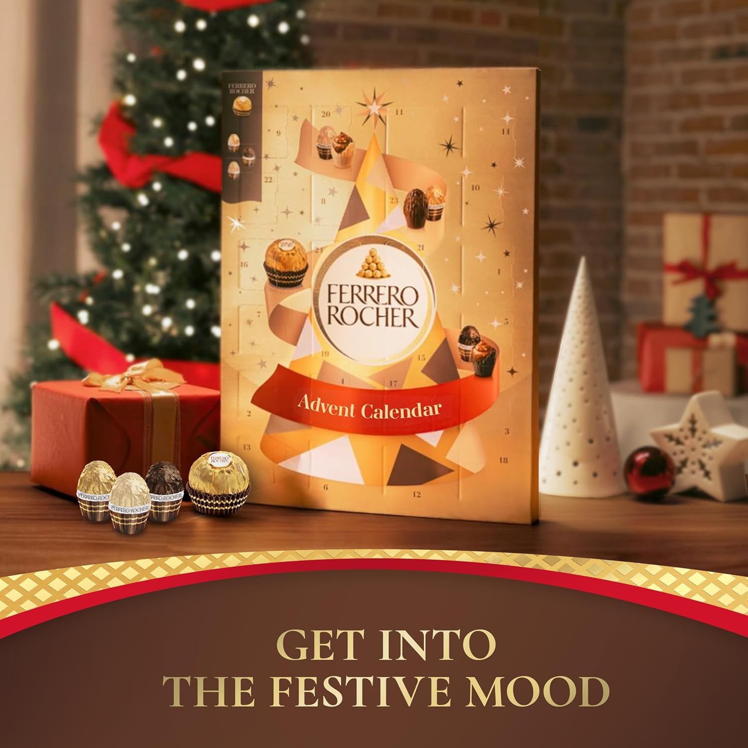 Calendario de Adviento FERRERO ROCHER 2025 Golden Moments Gran Familia + Tarjeta Personalizable Cia&Co · 24 Bombones Gourmet · Ferrero Rocher, Golden Moments Blanco, Original y Dark · 258 g