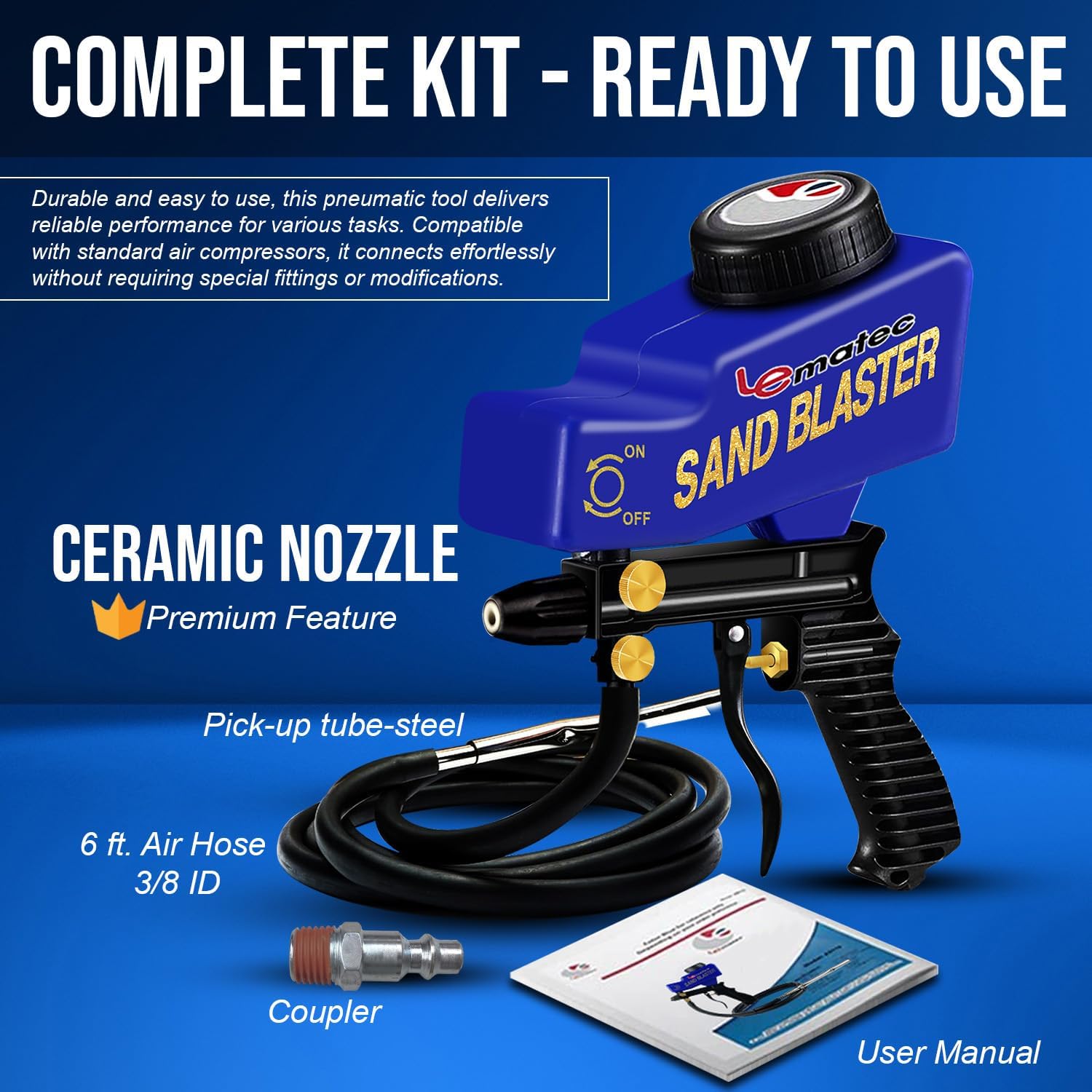 LE LEMATEC Portable Sand Blaster Gun Kit for Rust Removal & Glass Etching - Requires 150PSI Air Compressor 4  CFM for Detail Work & Small Projects - Siphon Ceramic Function