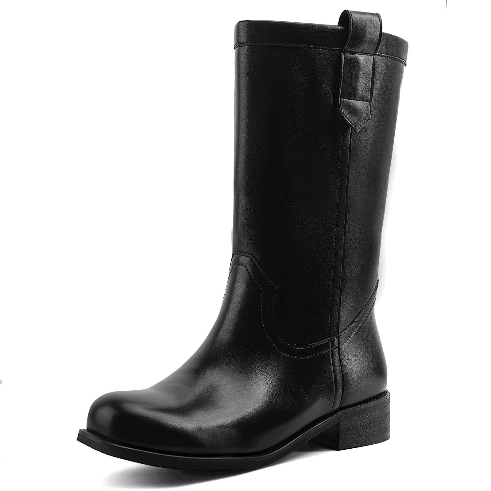 Womens Mid Calf Riding Boots Slip On Chunky Heel Boots with Round Toe Comfortable Pull On Dress Boots