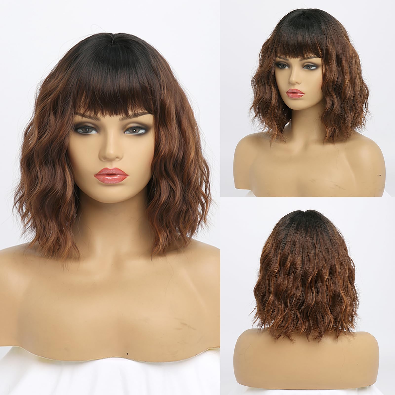 YaissmyLu Chestnut Brown with Light Brown Wigs Short Wavy Bob Wig with Bangs Medium Lenth Synthetic Hair for Daily&Cosplay(12 Inch) - Image 2