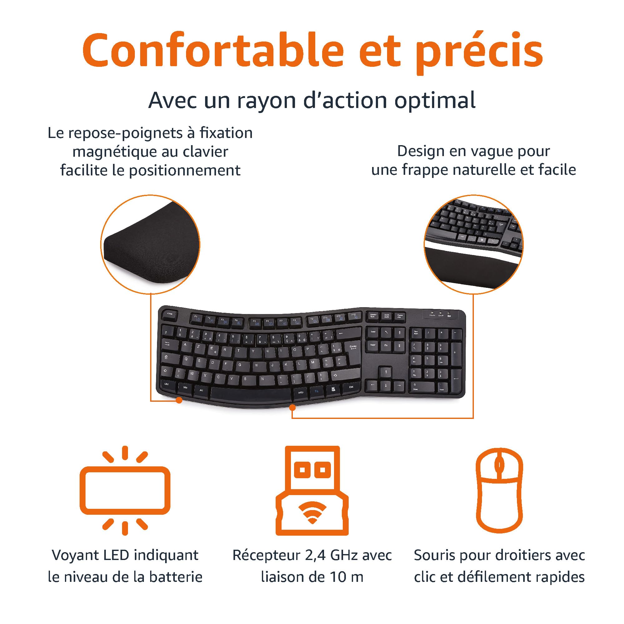 Amazon Basics Ensemble Clavier et Souris Ergonomique sans Fil - Disposition FR - Noir