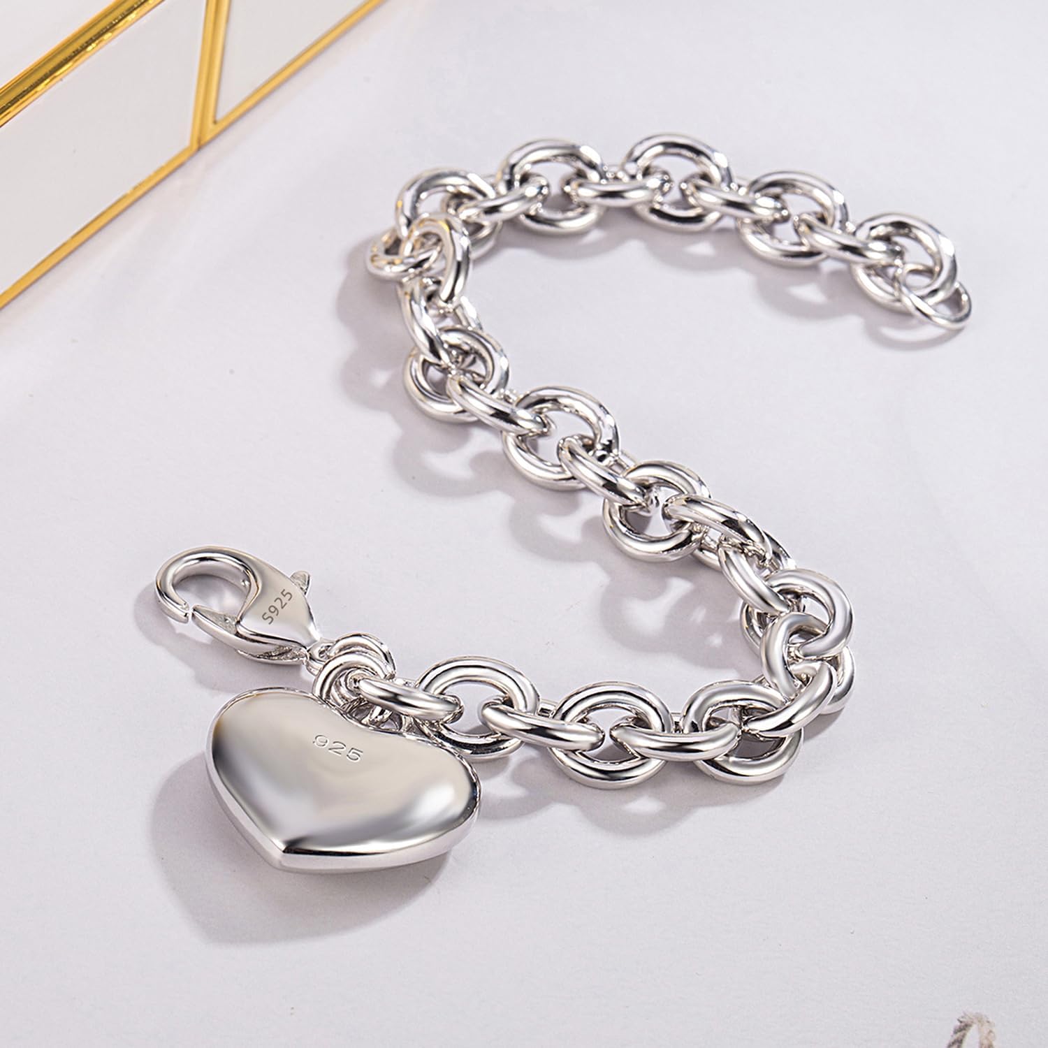 Dankadi Women 925 Sterling Silver Round Cable Wire Link Bracelet Charm Heart-Bell-Square-Circle Pendant Chain Bangle Fine Jewelry Gift For Wife Her