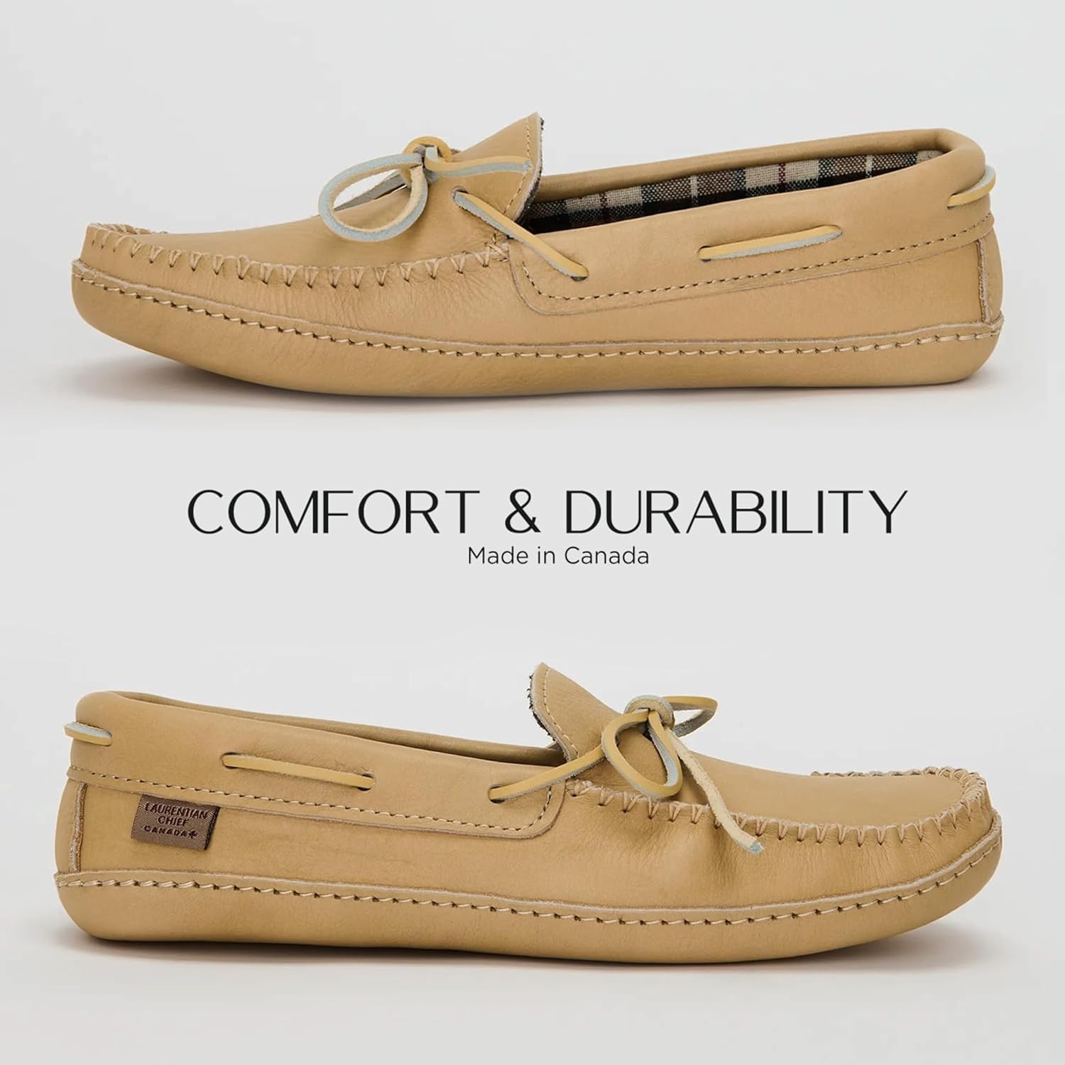Laurentian Chief Leather Moccasins for Men – Stylish Mens Moccasin Slippers with Plaid Insole Lining, Comfortable Indoor Shoes, Single Lacing, Durable Leather Sole, Made in Canada - Image 3