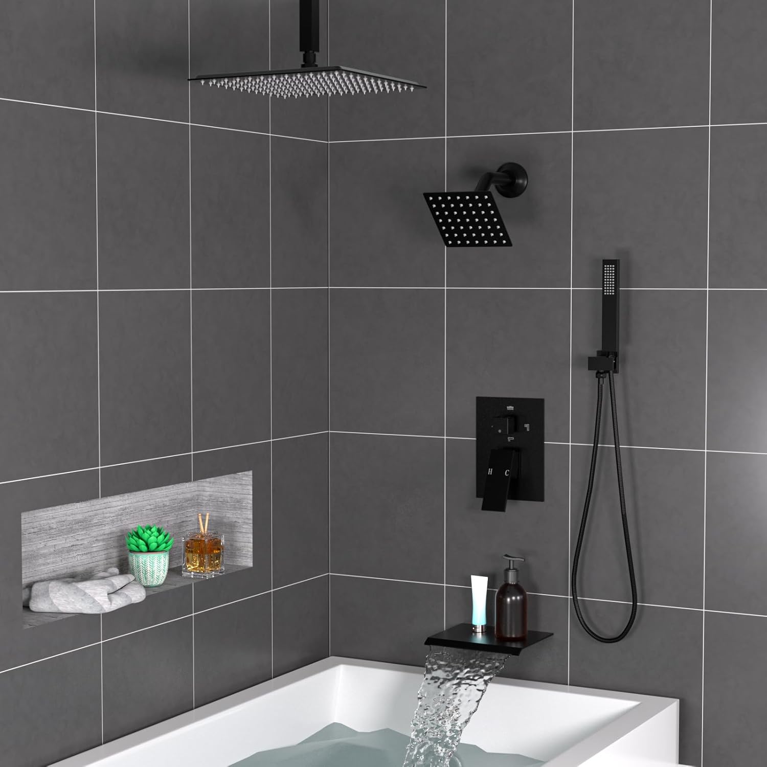 ENGA Dual Shower Head System with Tub Spout, Ceiling Mount 12 Inch Shower Head with 6 Inch Wall Mount Shower Head Shower Faucet Set, Matte Black