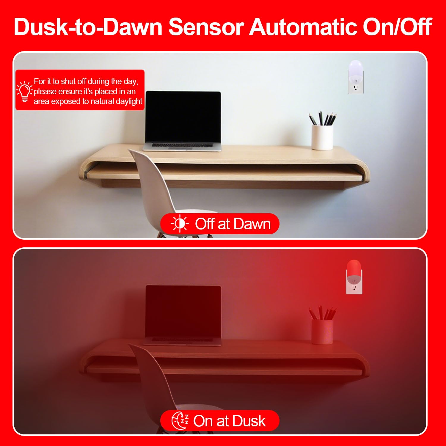 Luz nocturna roja para terapia del sueño [paquete de 2] - Luz nocturna LED de encendido/apagado automático se conecta a la pared para bebé, baño, promoción de melatonina con