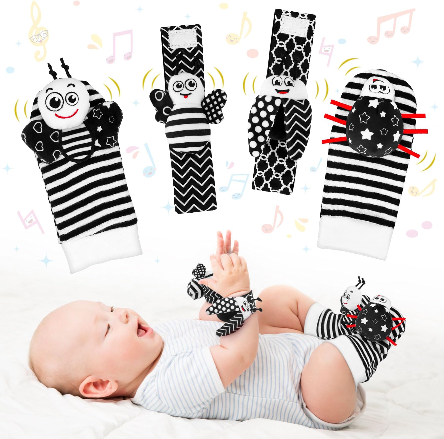 – Baby Toys 0-6 Months, Foot Finders & Wrist Rattles for Infants Black and White Sensory Toys Baby Essentials for Newborn Wrist Rattle Boy Girl Gifts