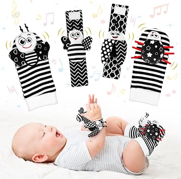 Baby Toys 0-6 Months, Foot Finders & Wrist Rattles for Infants Black and White Sensory Toys Baby Essentials for Newborn Wrist Rattle Boy Girl Gifts
