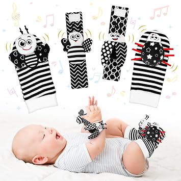 Baby Toys 0-6 Months - High Contrast Wrist Rattle Foot Finder Socks Set for 3 Month Baby Toys Infants, Soft Plush Sensory Rattles for Newborn Boys Girls Essentials Shower Gifts