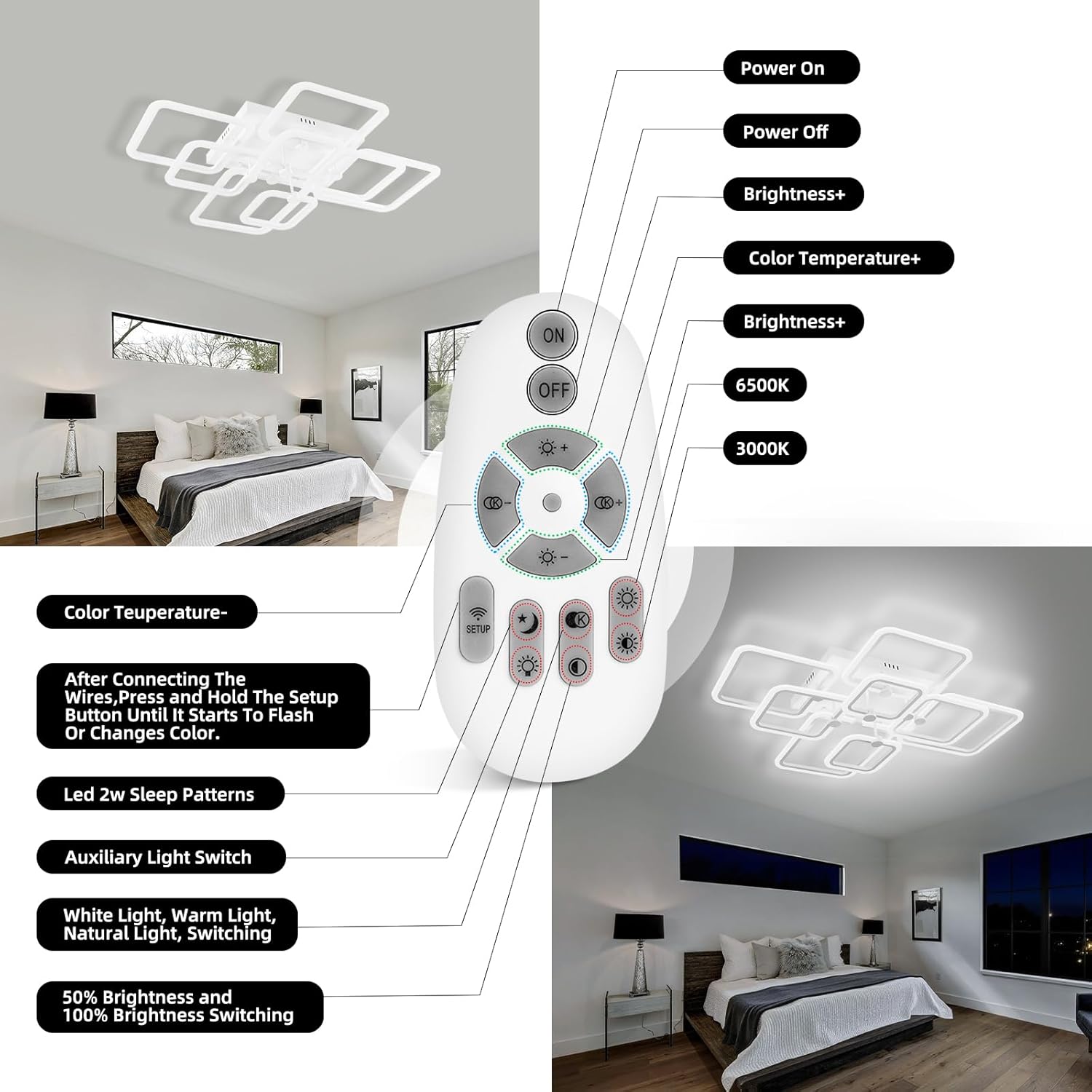 Dimmable Modern LED Ceiling Light 8-Square White Flush Mount LED Ceiling Light with Remote for Living Room Bedroom Close to Ceiling Light Fixture