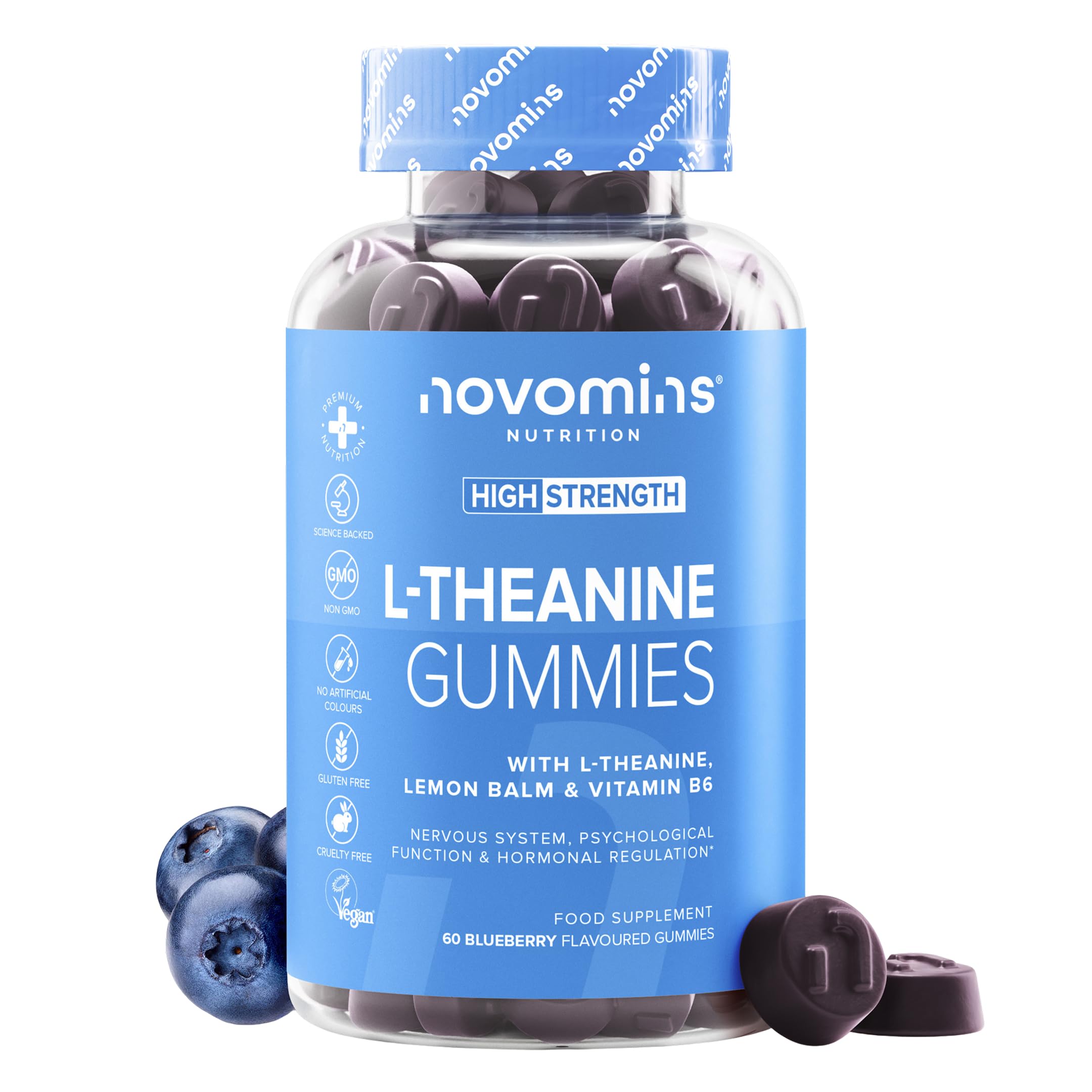 L-Teanina, 200 mg, 60 Gommose, Novomins | Sostiene la Funzione Psicologica, Aiuta a Ridurre la Stanchezza, con L-Teanina e Melissa, Vegano, Halal, Testato da Eurofins