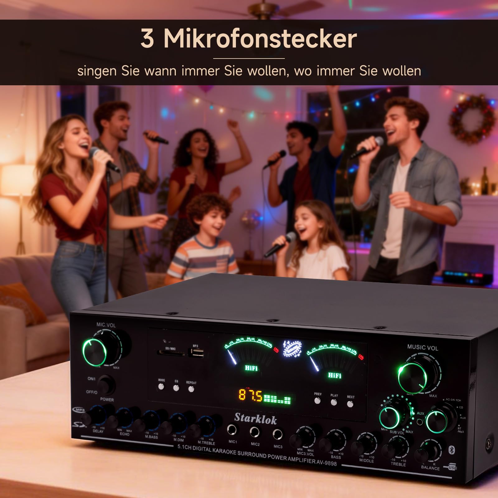 Amplificatore HiFi stereo 5.1 canali da 3000W di picco, amplificatore per home theater con subwoofer, Bluetooth 5.0, riproduzione USB/SD, TRE ingressi microfonici