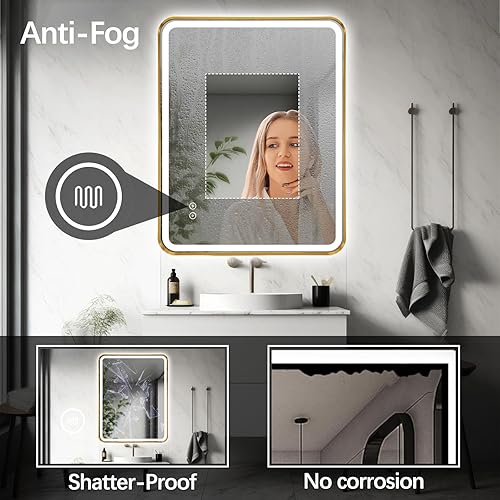 Miniatura 5 de Espejo de baño LED rectangular, 40 x 30 pulgadas, antiempañamiento, doble tacto, iluminado, espejo de tocador de pared con marco de metal biselado