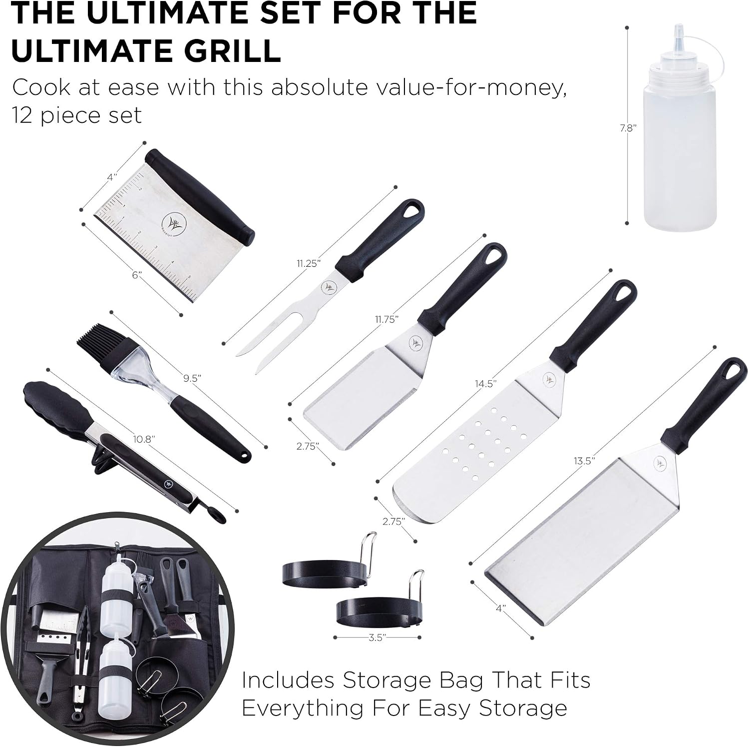Weselyn Flat Top Grill Accessories Kit - 12-Pc Griddle Set with Burger Spatulas, Scraper, Egg Rings and Meat Fork in a Canvas Tote Bag - Stainless Steel BBQ Tool Kit for Blackstone Griddle Accessories