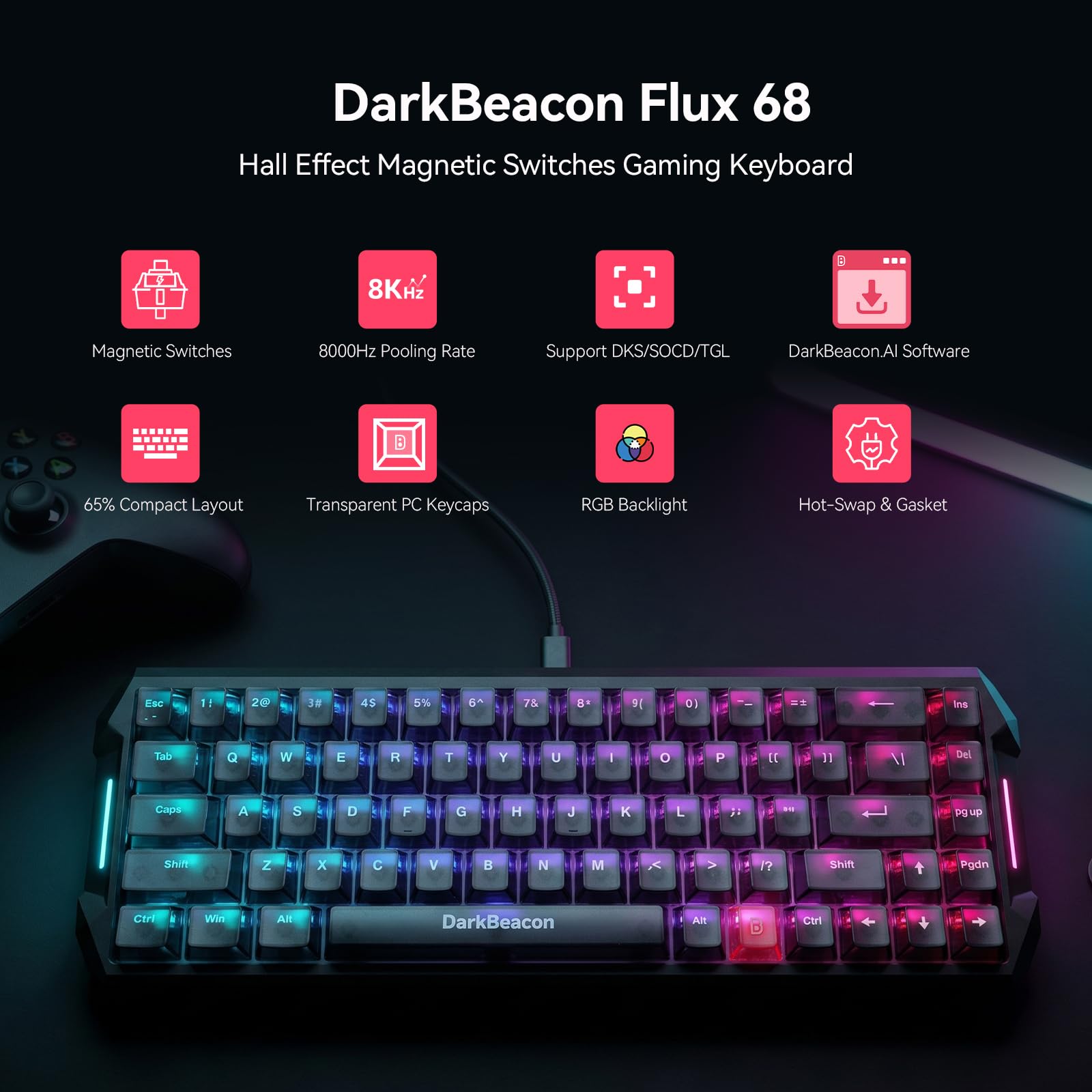 DarkBeacon Flux68 HE Tastiera meccanica da gioco Rapid Trigger con azionamento regolabile 0,01-3,5 mm, 8000Hz, interruttore magnetico effetto Hall, software AI, tastiera cablata RGB 65% per PC