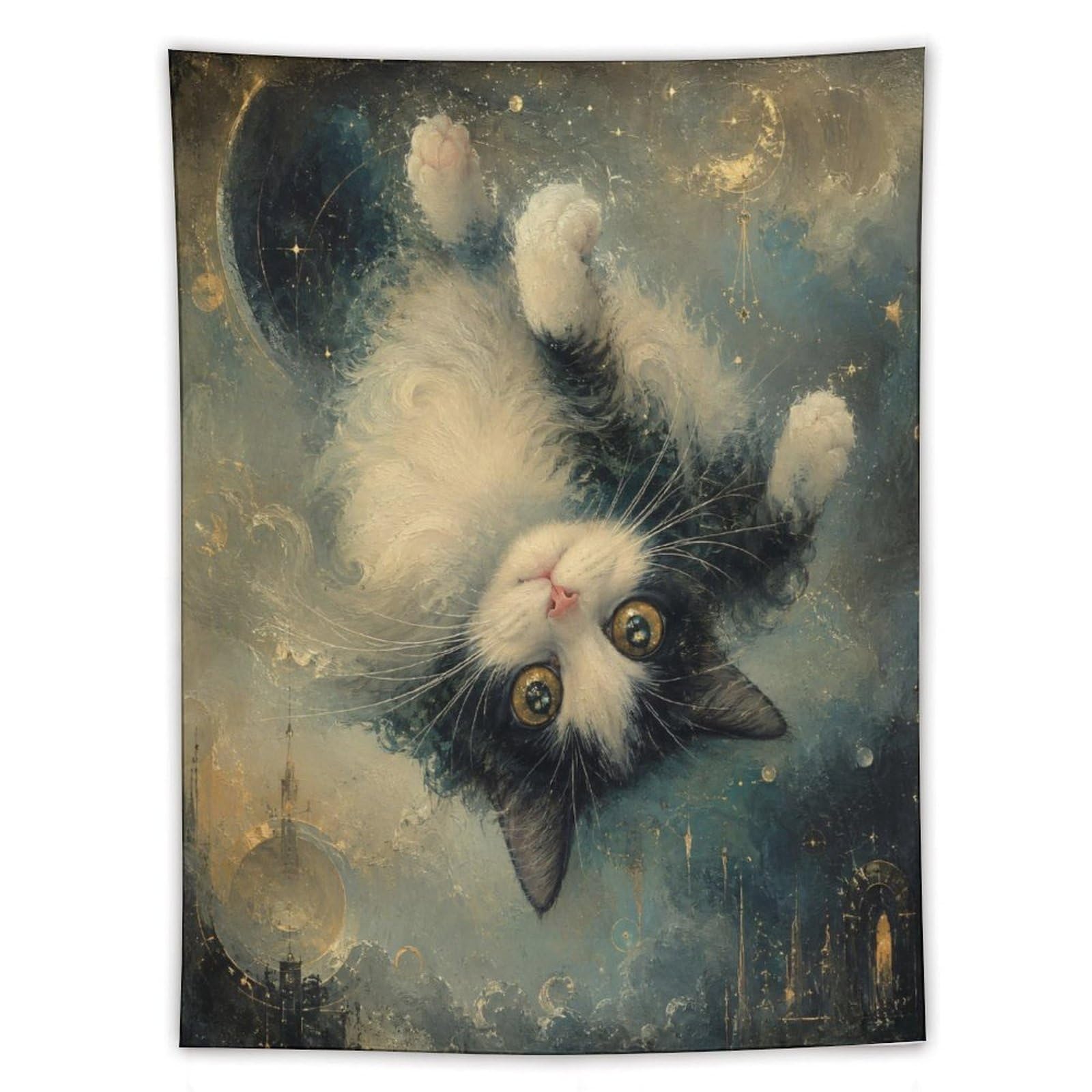 H3B8U2Y5 Upside Down Cat Moonlit Wall Tapestry, Expressive Eyes