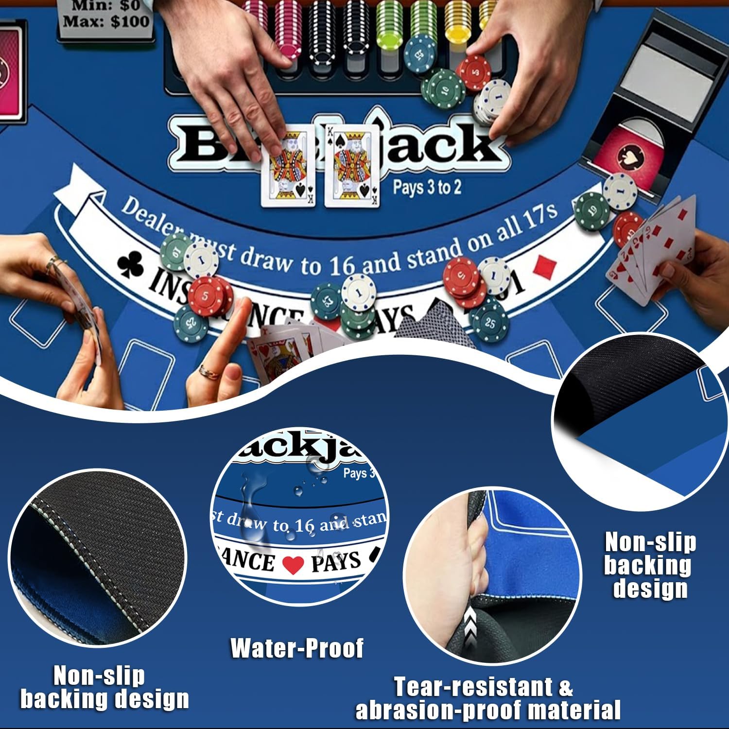 70" x 35" Blackjack Table Mat, Non-Slip Rubber Backing Waterproof Tear Resistant Blackjack Mat, Casino Style Tabletop Layout for Home Game Nights Parties Card Tables, Fits 6-8 Players