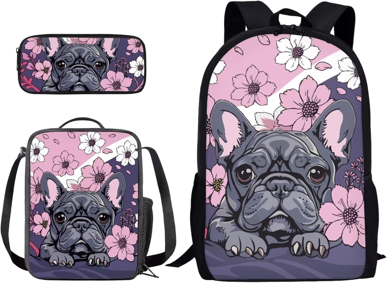 Suobstales French Bulldog Print Backpack Set 3 Pcs for Boys Girls Cherry Blossom 17 Inch Bookbags Shoulder Lunch Bag and Pen Case Bag Students School Bag Packs Satchel Laptop Bags