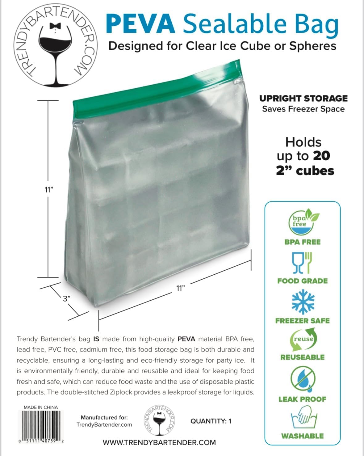 Ice Storage Bag PEVA Sealable Bag, 3 Pack | Clear Ice Cubes and Spheres, Fresh Shut, PEVA Material
