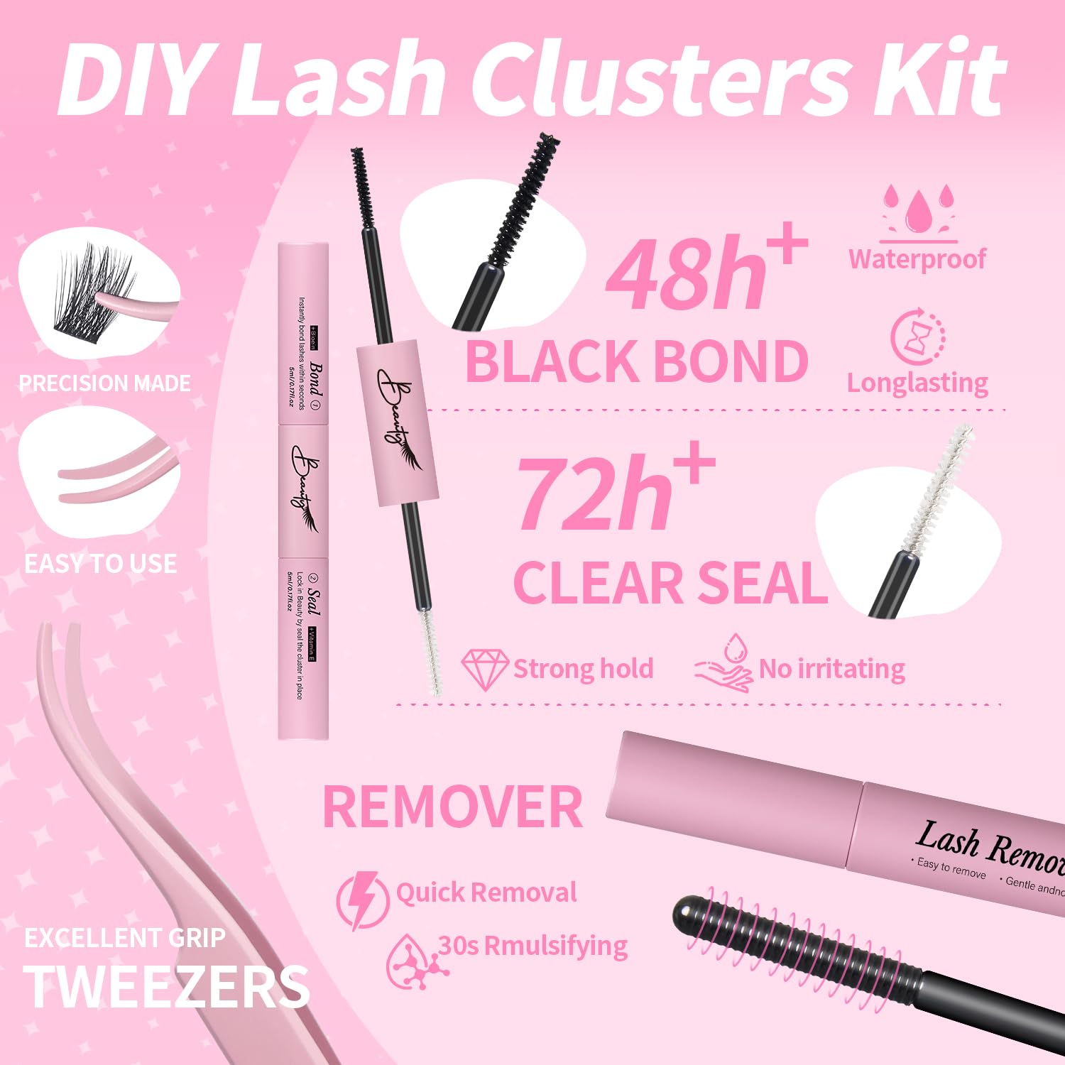 Ciglia Finte Ciuffetti Kit Extension Ciglia Lash Clusters con Bond e Rimuoviciglia 8-16mm,DIY Eyelash Extension Kit (DM-FD32)