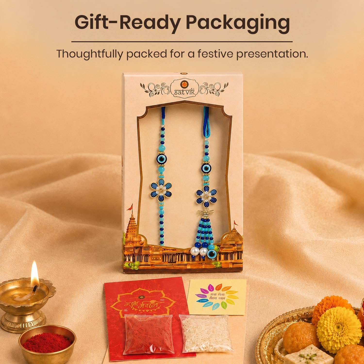 SATVIK Couple Rakhi: Bhaiya Bhabhi Rakhi Set with Kumkum Holder Thali, Roli Chawal, Greeting Card, and Soun Stickers
