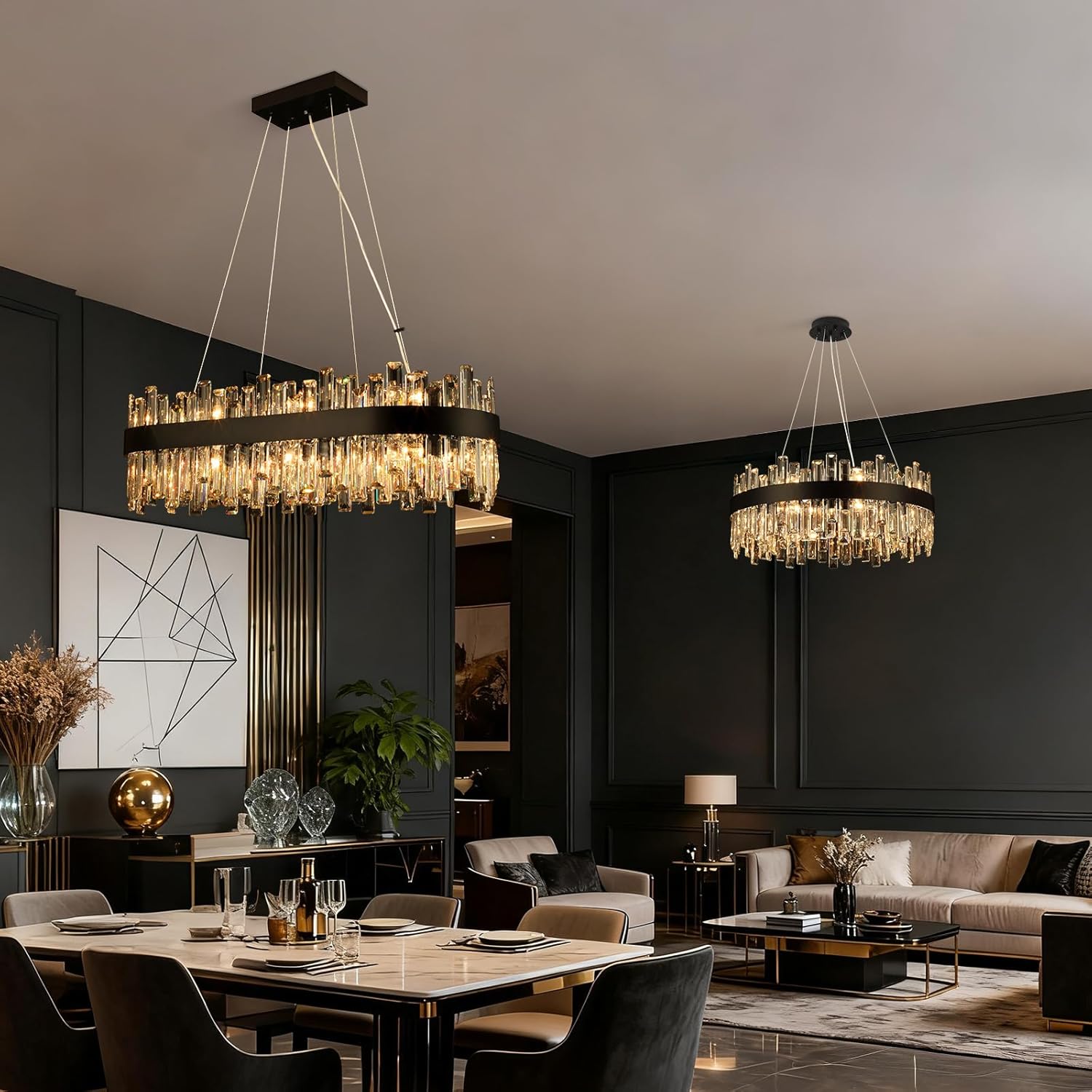 Weesalife Black Crystal Chandeliers for Dining Room Lights Fixtures Over Table, 16 Lights Modern Rectangle 2-Tier Chandeliers for Kitchen Island Bar L32 Inch