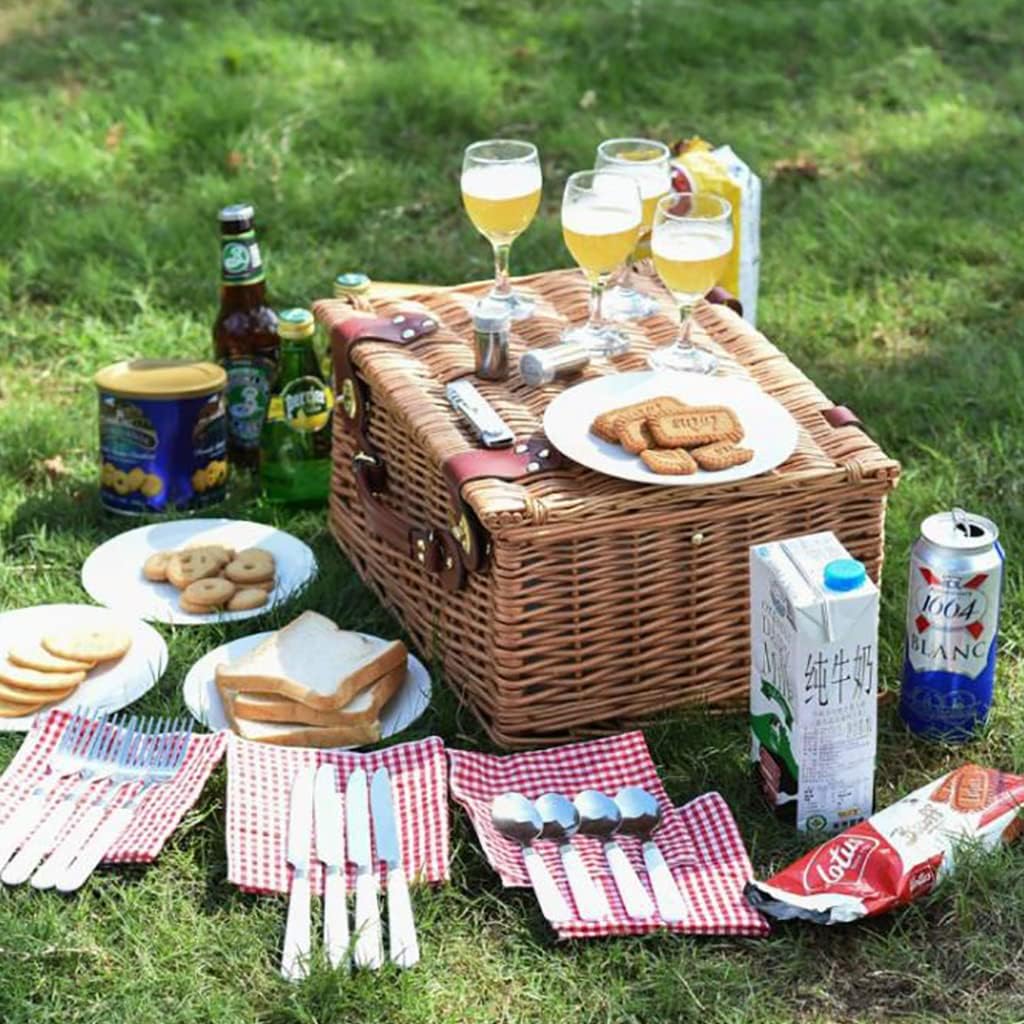 Wicker Picnic Basket Set 4 Person,Willow Picnicr Set,with Handle and Tableware,Picnic Gift Basket,Complete Picnic Accessories for Camping Outdoor Party Wedding Gift Idea (C 46 * 30 * 21cm)