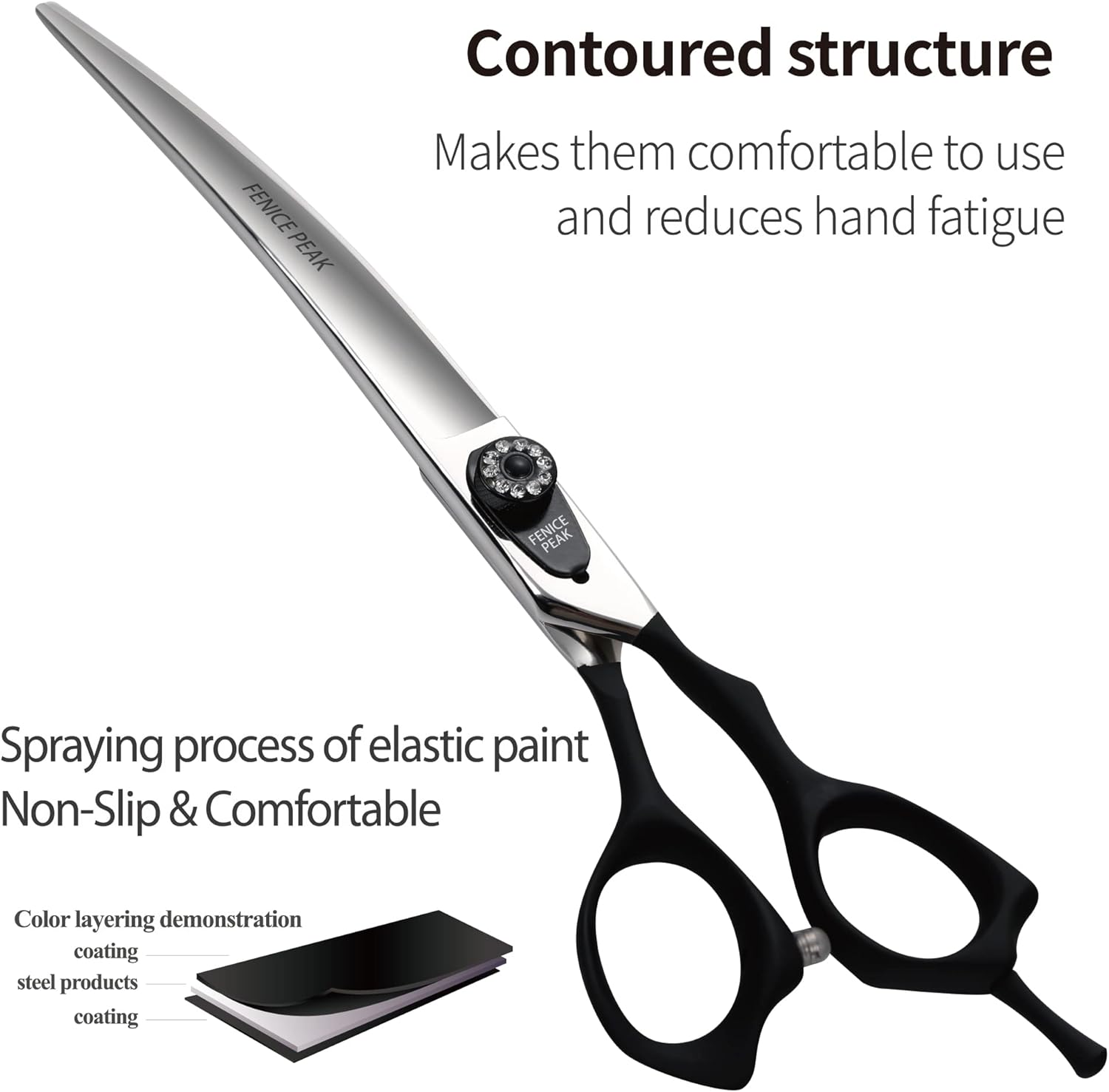 Fenice Peak 8'' Professional Curved Dog Grooming Scissors Heavy and Anti-Slip Black Handler 440C Stainless Steel Pet Cutting Shears Safety Trimming Shearing for Dogs Cats