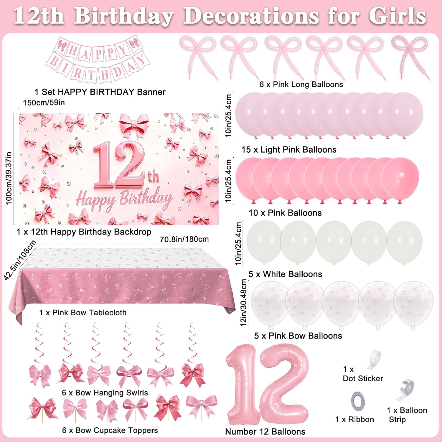12th Birthday Decorations for Girls, Pink 12 Year Old Girl Party Supplies image 2