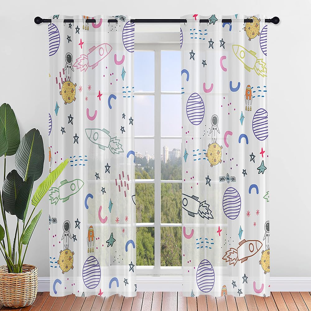 ENEN Cortinas Dormitorio, Cortinas Salon Modernas 2 Piezas, Planeta Espacial 3D Translucidas Cortinas Cocina, Visillos Cortos Ventanas para Habitación Infantil (132x182cm,Espacio)