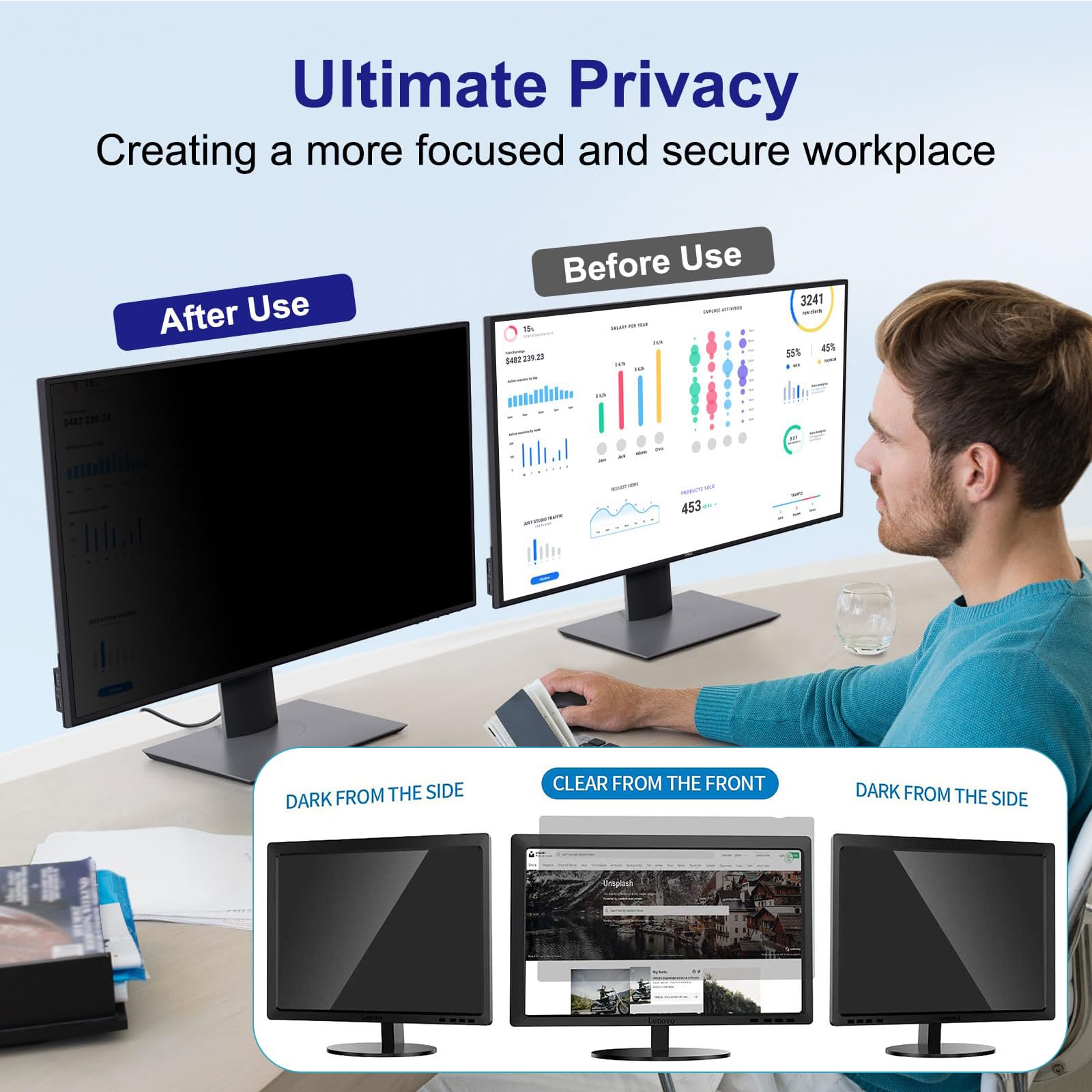 Filtro de pantalla magnético de privacidad para monitor de computadora de 24 pulgadas 16:9/16:10 | Protector de filtro de computadora de luz azul extraíble antirreflejos