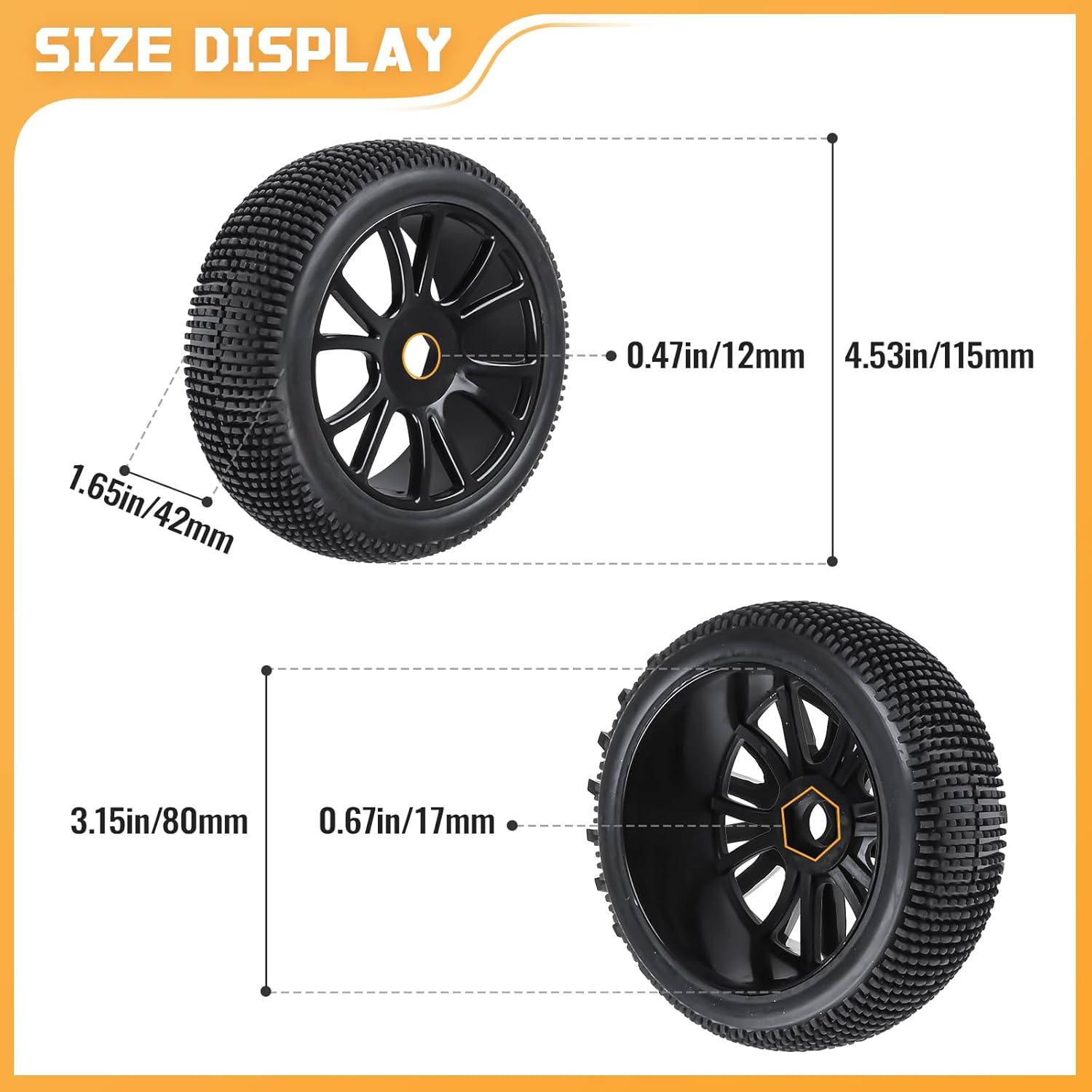 1/8 Scale RC Buggy Tires w/Foam Inserts and 17mm Hex Wheels for Arrma Typhon 6S 3s Blx Losi 8ight HPI Vorza Hobao Hyper Kyosho Inferno, Set of 4