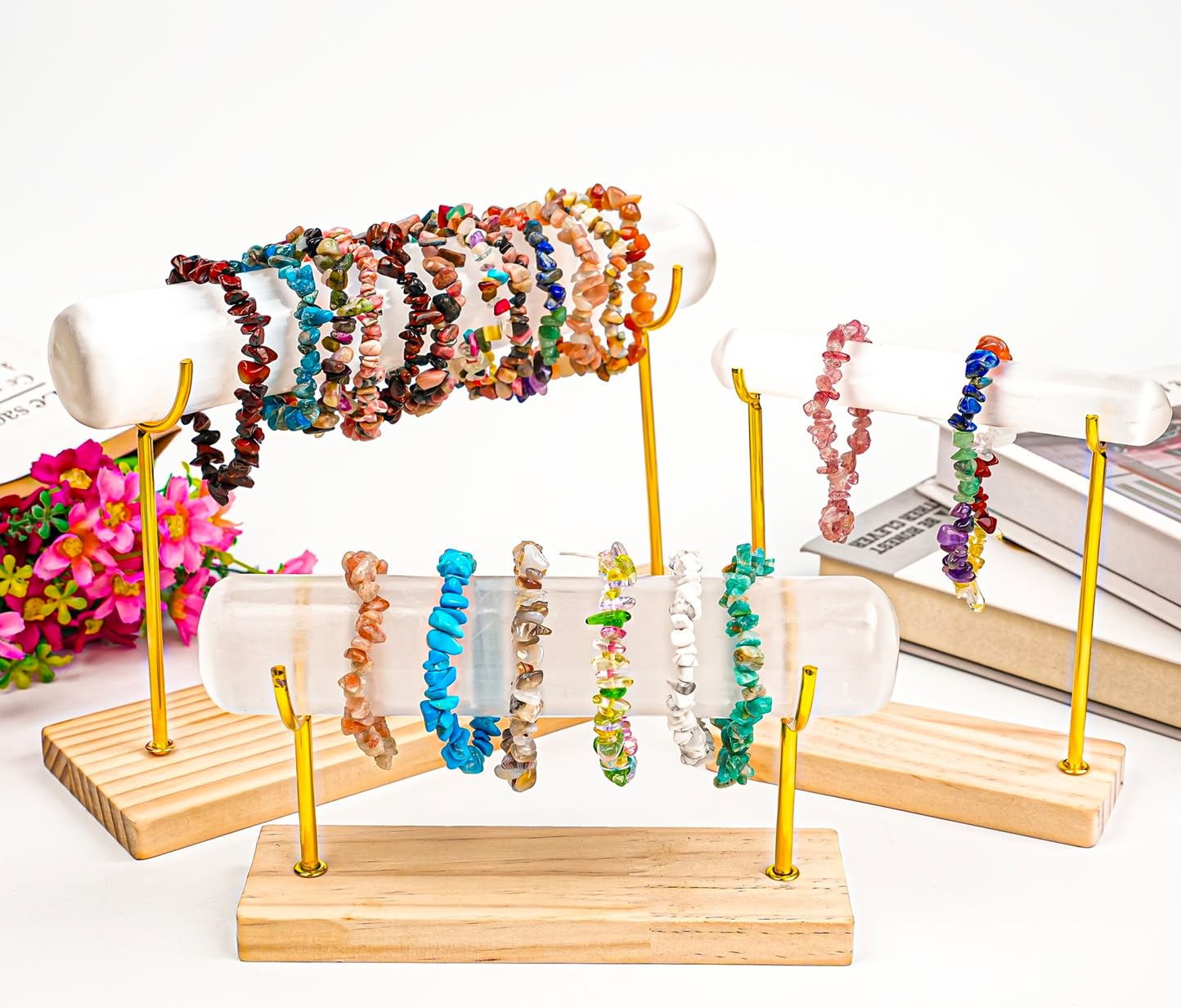 Support de bracelet en sélénite avec base en bois pour bracelet de guérison gothique amovible