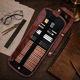 Kit Lápis de Desenho Profissional 29 Peças com Estojo Portátil, Lápis Artísticos, Borrachas, Estilete e Acessórios para Artistas e Estudantes Linha Super Premium 2H B HB 2B 3B 4B 5B 6B 7B 8B