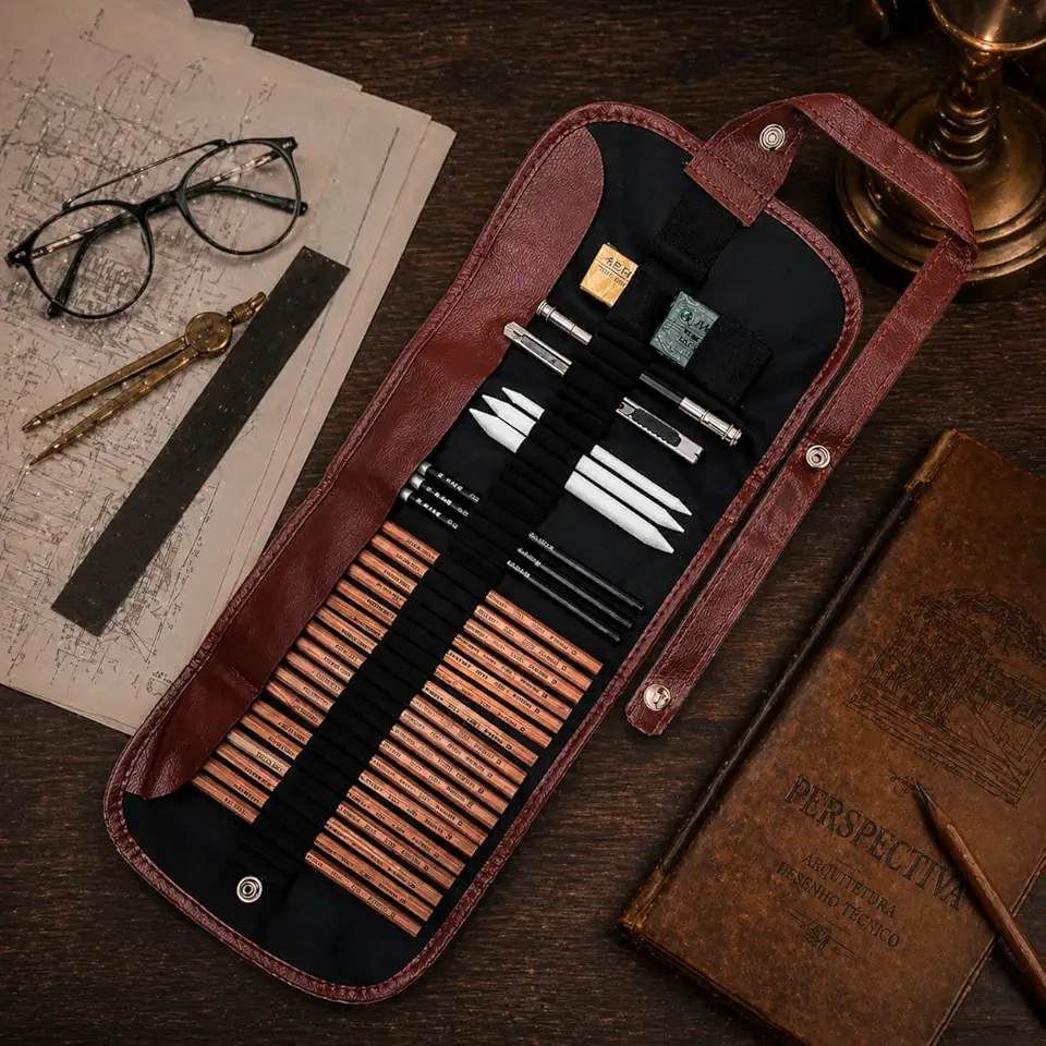 Kit Lápis de Desenho Profissional 29 Peças com Estojo Portátil, Lápis Artísticos, Borrachas, Estilete e Acessórios para Artistas e Estudantes Linha Super Premium 2H B HB 2B 3B 4B 5B 6B 7B 8B