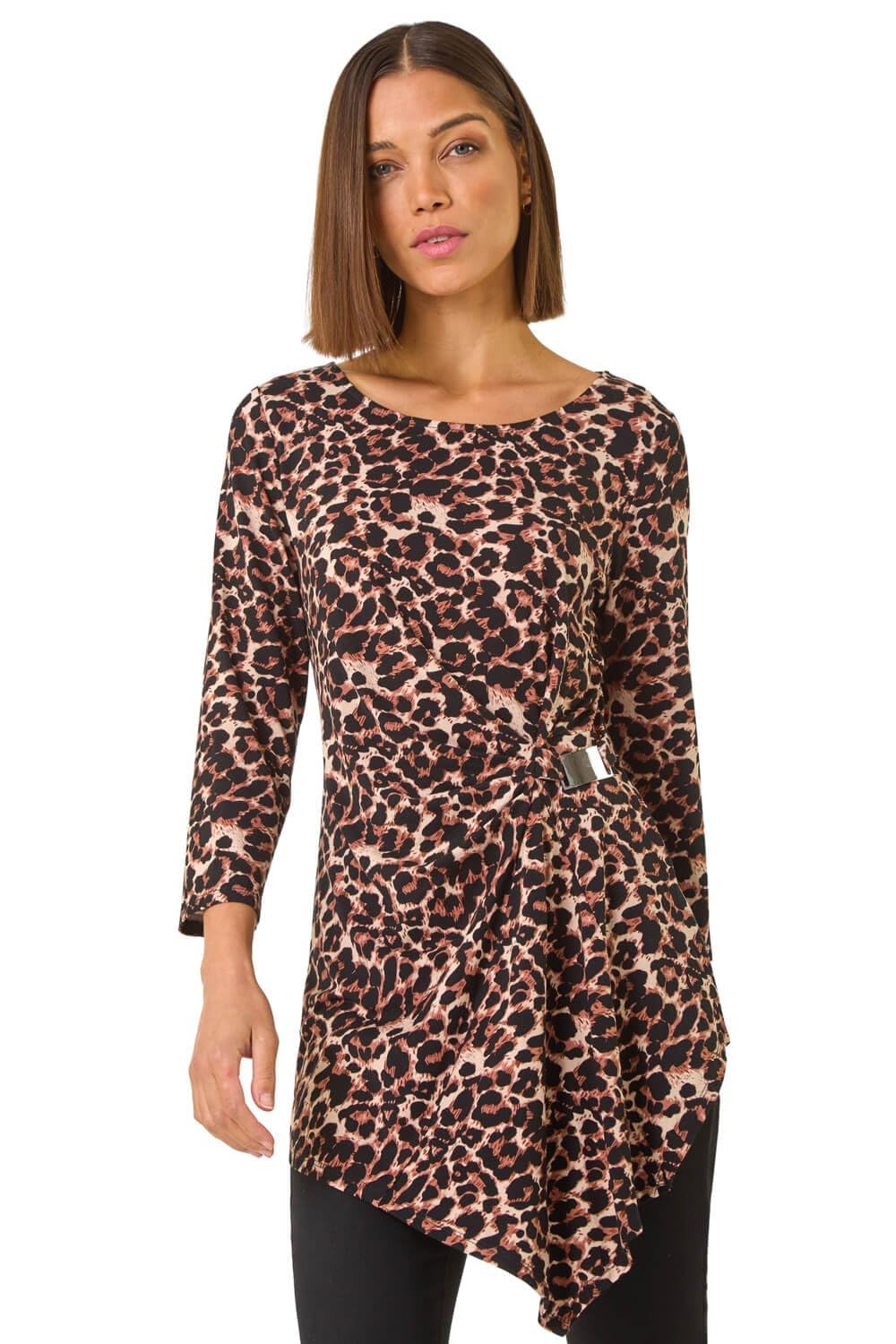 Roman Women's Tan Animal Print Asymmetric Top Size 12