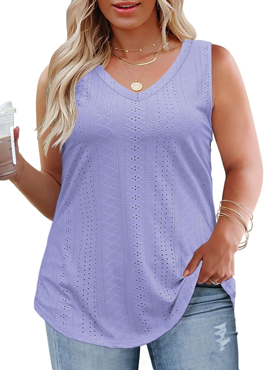 ROSRISS Womens-Plus-Size-Summer-Tank-Tops Cute V Neck Shirts Trendy Eyelet Sleeveless Blouses Casual Loose Tunics Tee XL-5XL