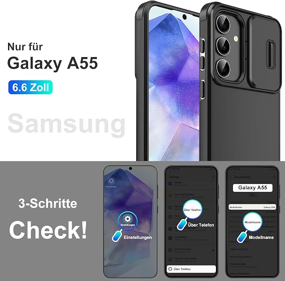 Mobile Phone Case for Samsung Galaxy A55 5G Case with Screen Protector and Slide Camera Cover Camera Protection Protective Case Military Protection Shockproof Scratch-Resistant Armoured Case for Samsung A55 5G Cover (Black)